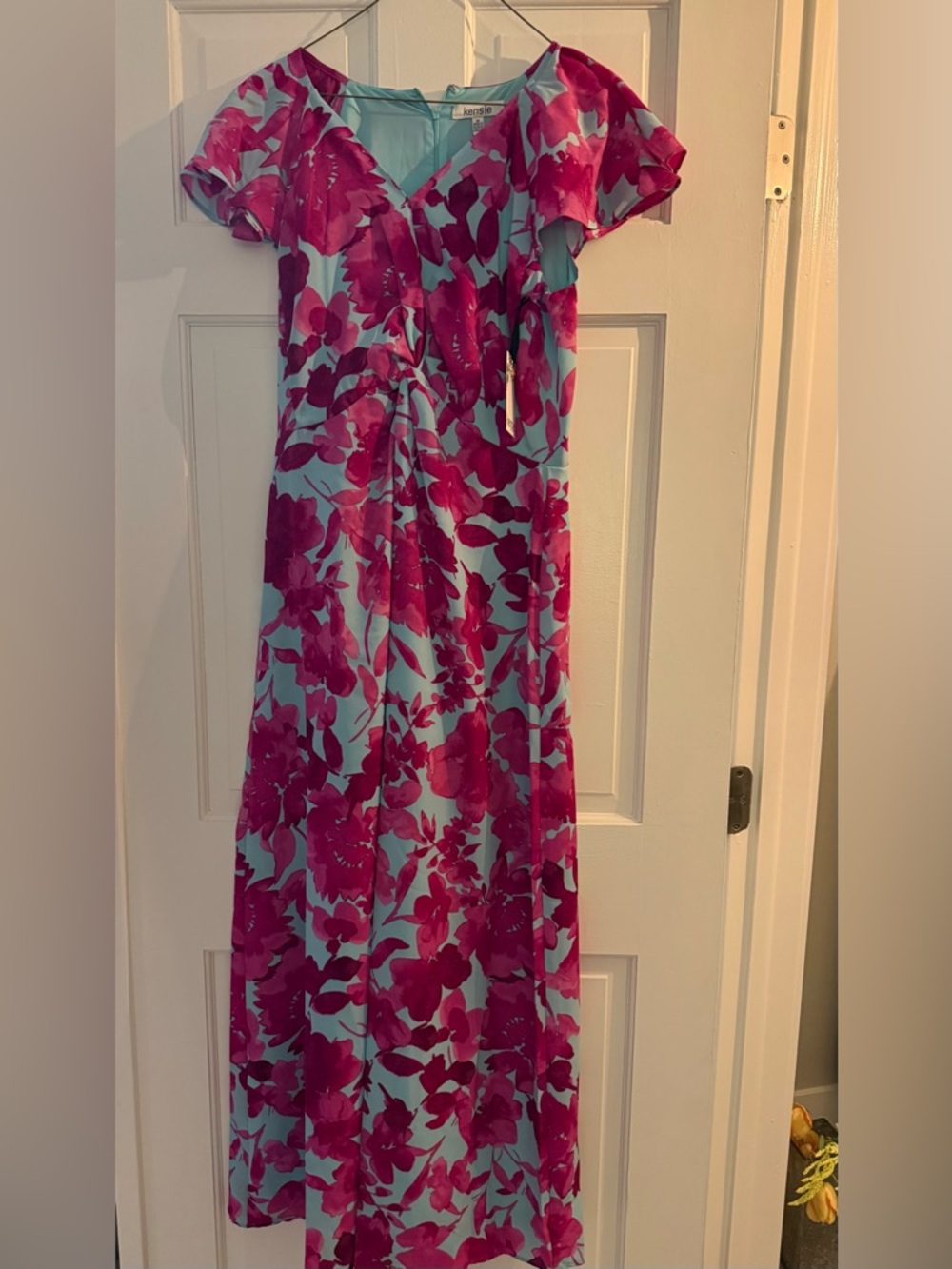 NWT Kensie Floral V-Neck Maxi Dress in Aqua & Fuchsia, Sz 10, So Flattering!